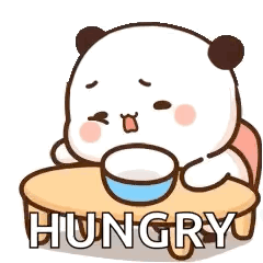 A cute white bear hugs a bowl with “HUNGRY” across the bottom.