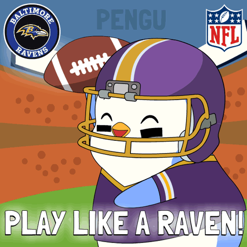 a cartoon of a penguin wearing a football helmet with the words play like a raven below it
