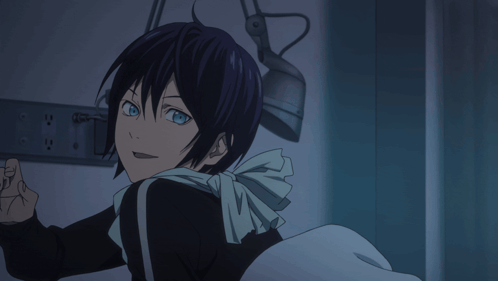 a black haired anime character with blue eyes is giving a thumbs up