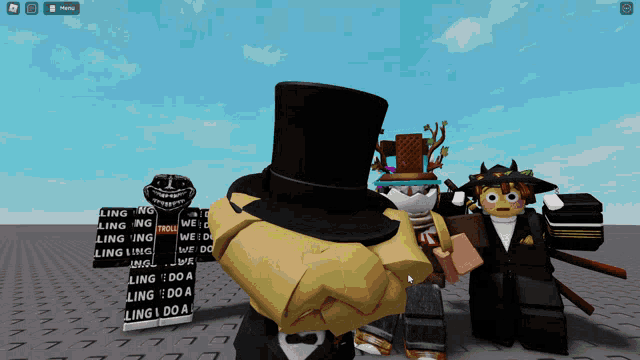 a screenshot of a video game shows a man wearing a top hat and a sign that says ling
