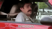 A mustached driver looks back from inside a red car beneath “WHOOPS.”