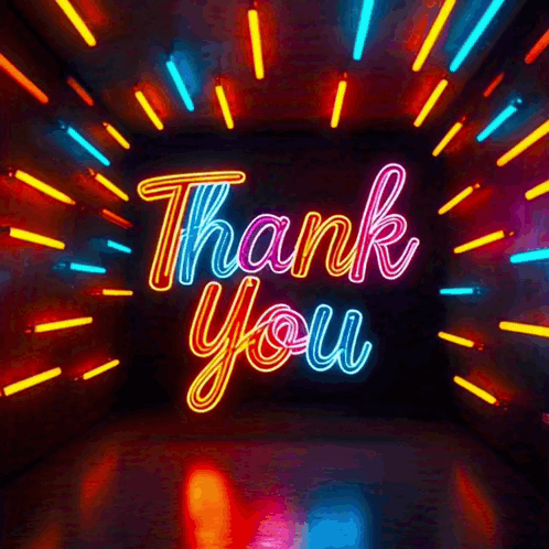 Neon rainbow rays burst around glowing “Thank You” lettering.