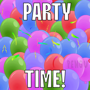 a bunch of balloons with the words party time written on them