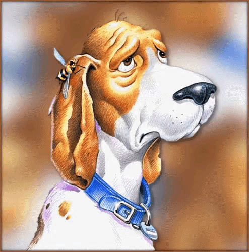 a cartoon drawing of a dog with a blue collar