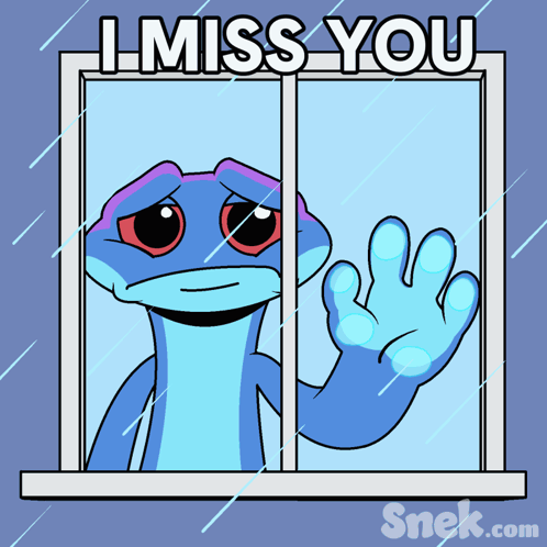 a cartoon of a lizard looking out a window with the words i miss you above him