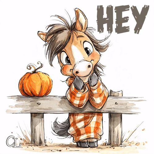 a cartoon horse is leaning on a fence next to a pumpkin and the words hey