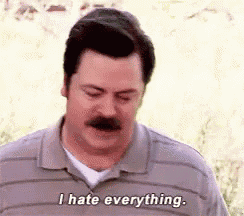a man with a mustache and a striped shirt is saying `` i hate everything '' .