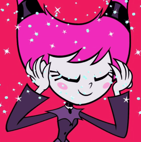 a cartoon girl with pink hair is laying down with her eyes closed and her hands on her head