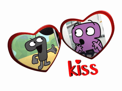 two hearts with cartoon characters inside of them and the word kiss on the bottom