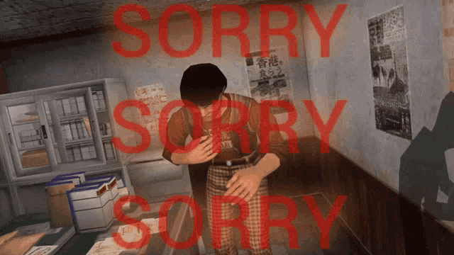 a man standing in front of a sign that says sorry sorry sorry