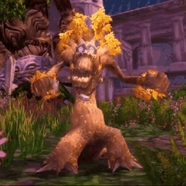 A dancing tree-form character moves through a World of Warcraft landscape.