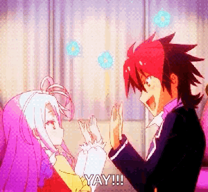 Two anime characters face each other excitedly with hands raised for a high five.