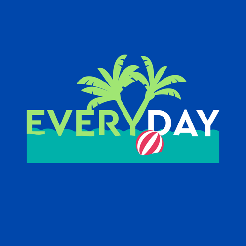 a logo for everyday with palm trees and a red ball