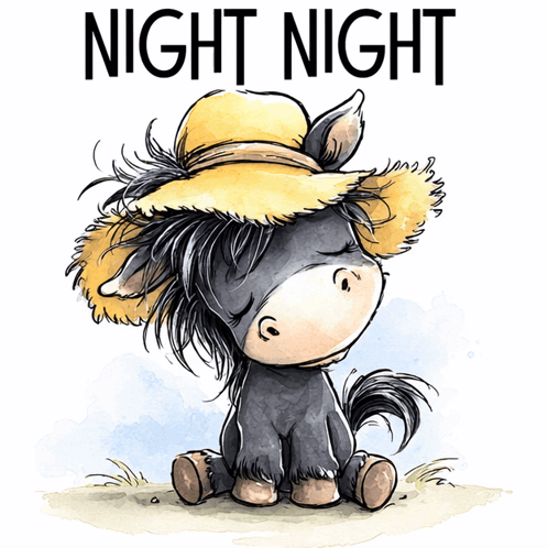A little black pony in a yellow hat sits beneath “NIGHT NIGHT.”