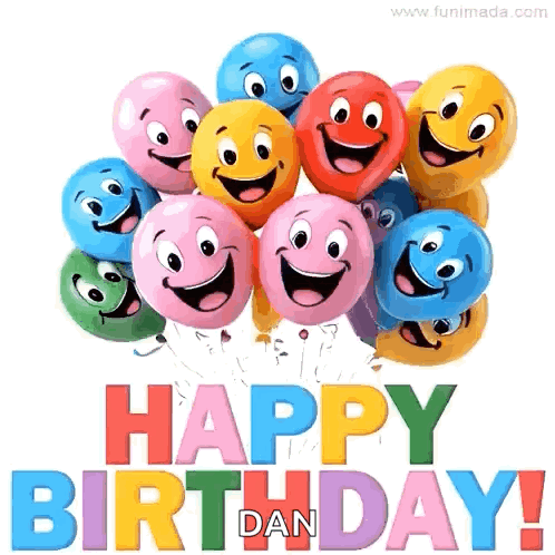 A colorful birthday graphic shows smiling balloon faces above the words “HAPPY BIRTHDAY!”