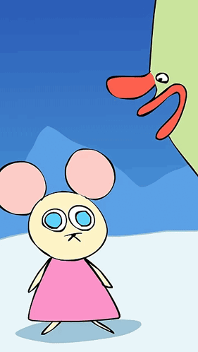 a cartoon drawing of a mouse in a pink dress looking up