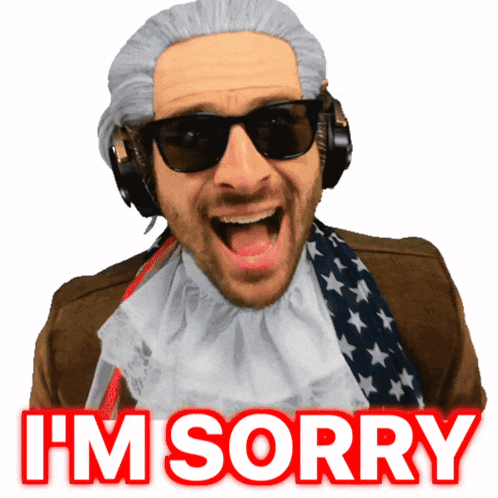 a man wearing a wig and sunglasses says " i 'm sorry "