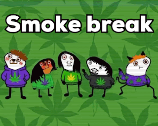 a group of cartoon characters are standing in front of a green background with the words smoke break on it