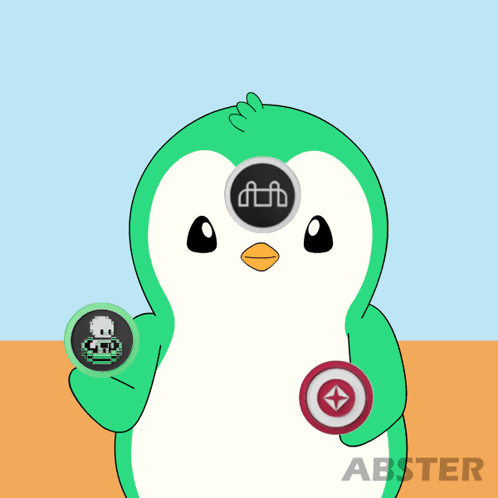 a green and white penguin holding a coin with the abster logo on the bottom right