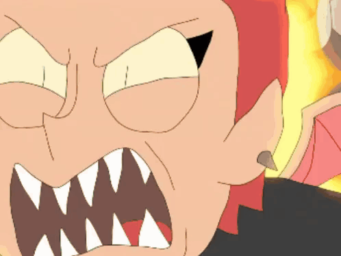 An animated character snarls with flames blazing behind them.