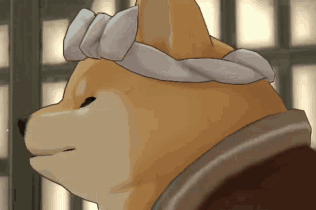 a dog wearing a towel around its head looks to the side