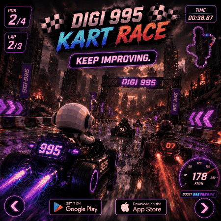 an advertisement for digi 995 kart race shows a robot driving a kart