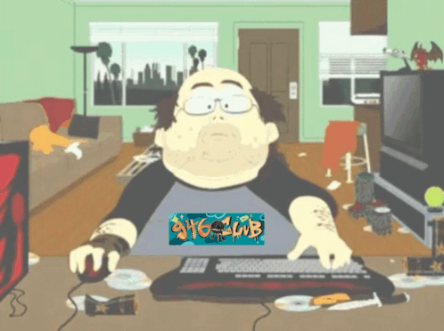 A cartoon man sits at a cluttered desk with a laptop in front of him.