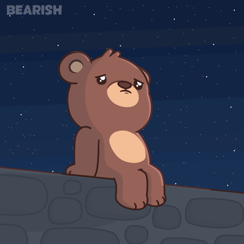 A sad cartoon bear sits alone against a starry night sky.