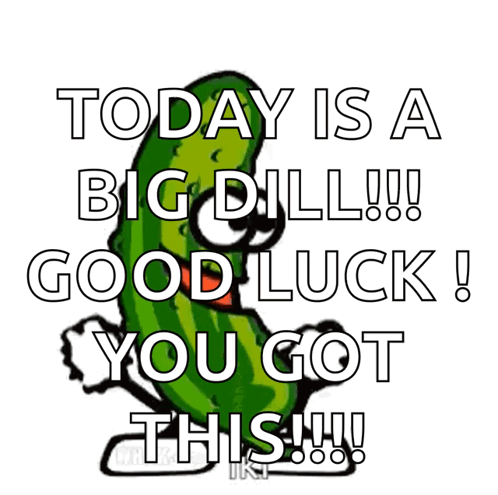 Bold outlined lettering announces “TODAY IS A BIG DILL!!! GOOD LUCK! YOU GOT THIS!!!”