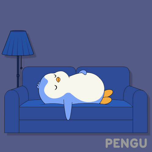 a penguin is sleeping on a blue couch with the words goodnight penguin below it