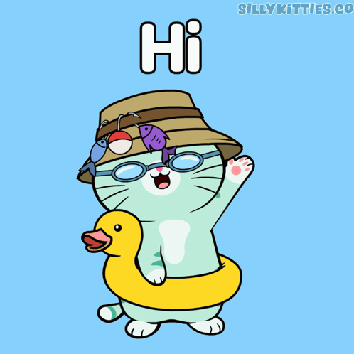 a cartoon cat wearing a hat and sunglasses is holding a rubber duck and the word hi above it