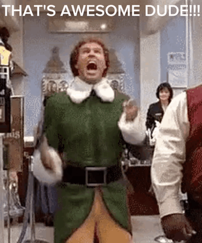 Buddy the Elf celebrates with raised arms under “THAT’S AWESOME DUDE!!!”