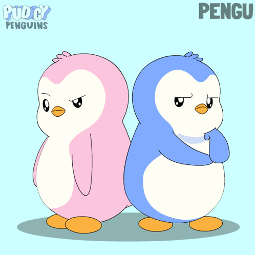 Two colorful penguin characters stand back-to-back in a huffy pose.