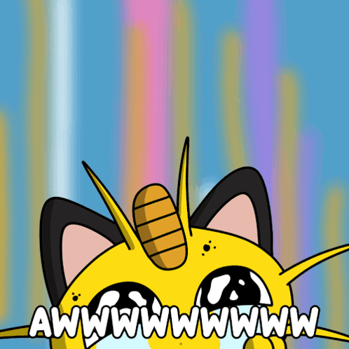 A yellow unicorn cat peeks upward with huge sparkling eyes beneath “AWWWW.”