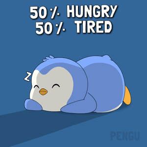 A sleepy blue penguin lies down under “50% HUNGRY 50% TIRED.”