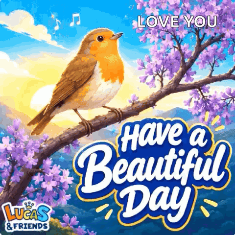 a bird is perched on a tree branch with purple flowers and the words have a beautiful day