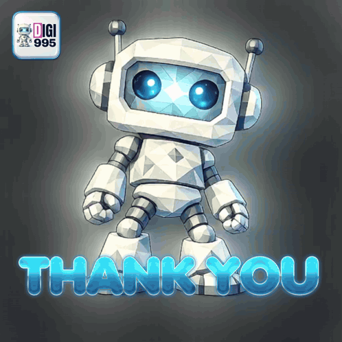 a robot with blue eyes is standing next to the words " thank you "
