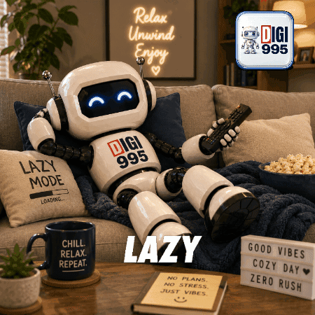 A robot lounges on a couch surrounded by snacks and signs about relaxing.
