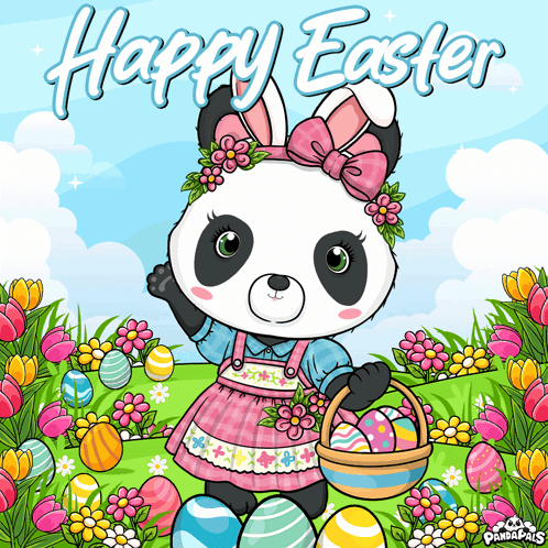 a panda bear wearing bunny ears is holding an easter basket