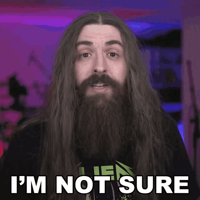 a man with long hair and a beard has the words i 'm not sure above him