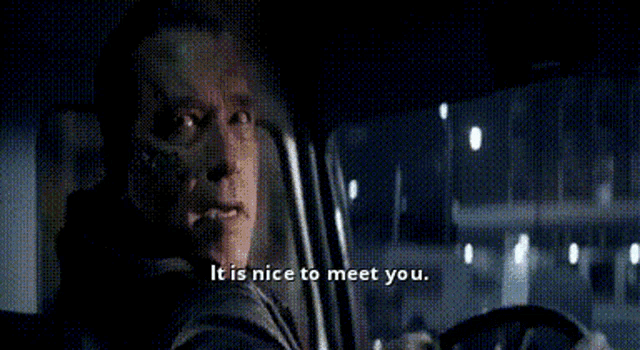 a man driving a car with the words it is nice to meet you