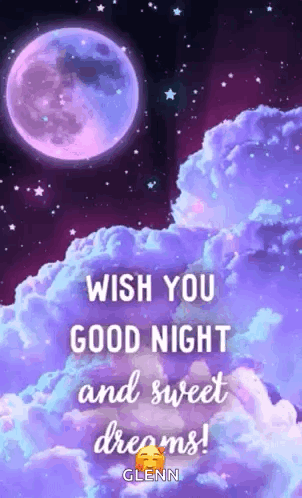 A white rabbit rests among blue flowers under a purple moon with “Wish You Good Night.”