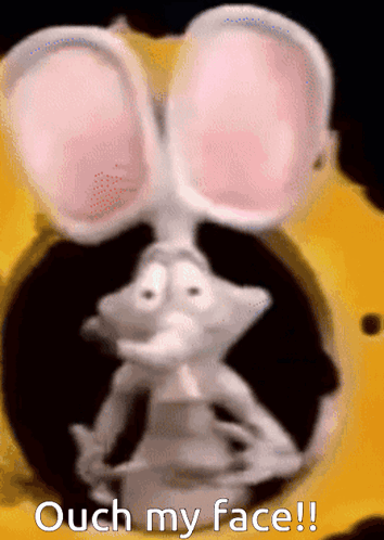 A white cartoon rabbit holds its face and says “Ouch my face!!”