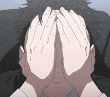 An anime man hides his face behind both hands in exasperation.