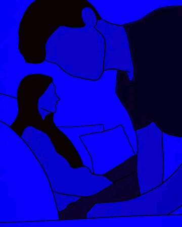 Blue stylized silhouettes of a couple cuddling and kissing.