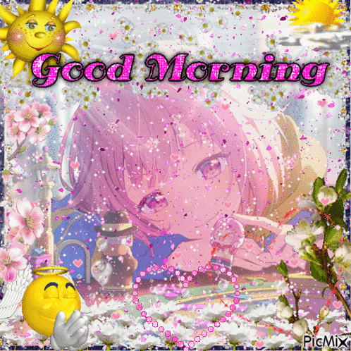a picture of a girl with the words " good morning " on it