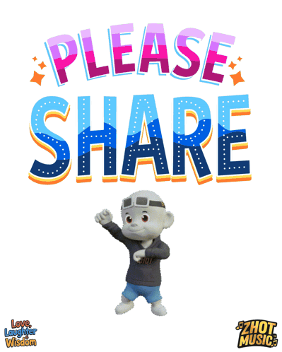 a cartoon character is standing in front of a sign that says " please share "