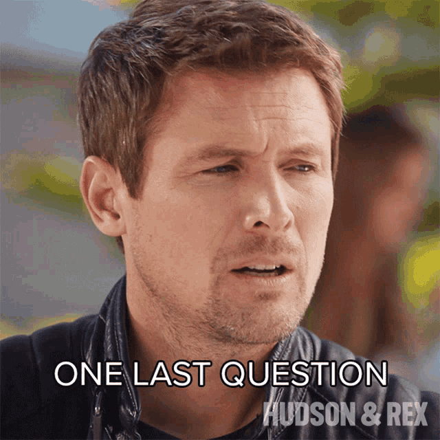 a close up of a man 's face and the words one last question hudson & rex