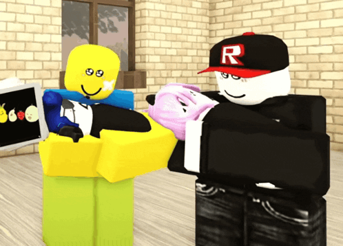 a roblox character wearing a black hat with the letter r