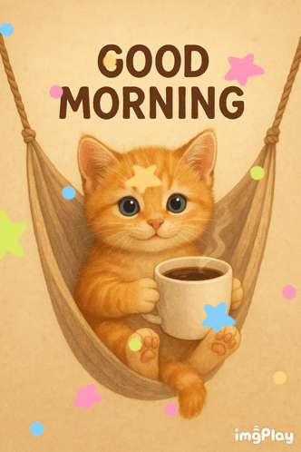 A kitten in a hammock holds a coffee mug below “GOOD MORNING.”